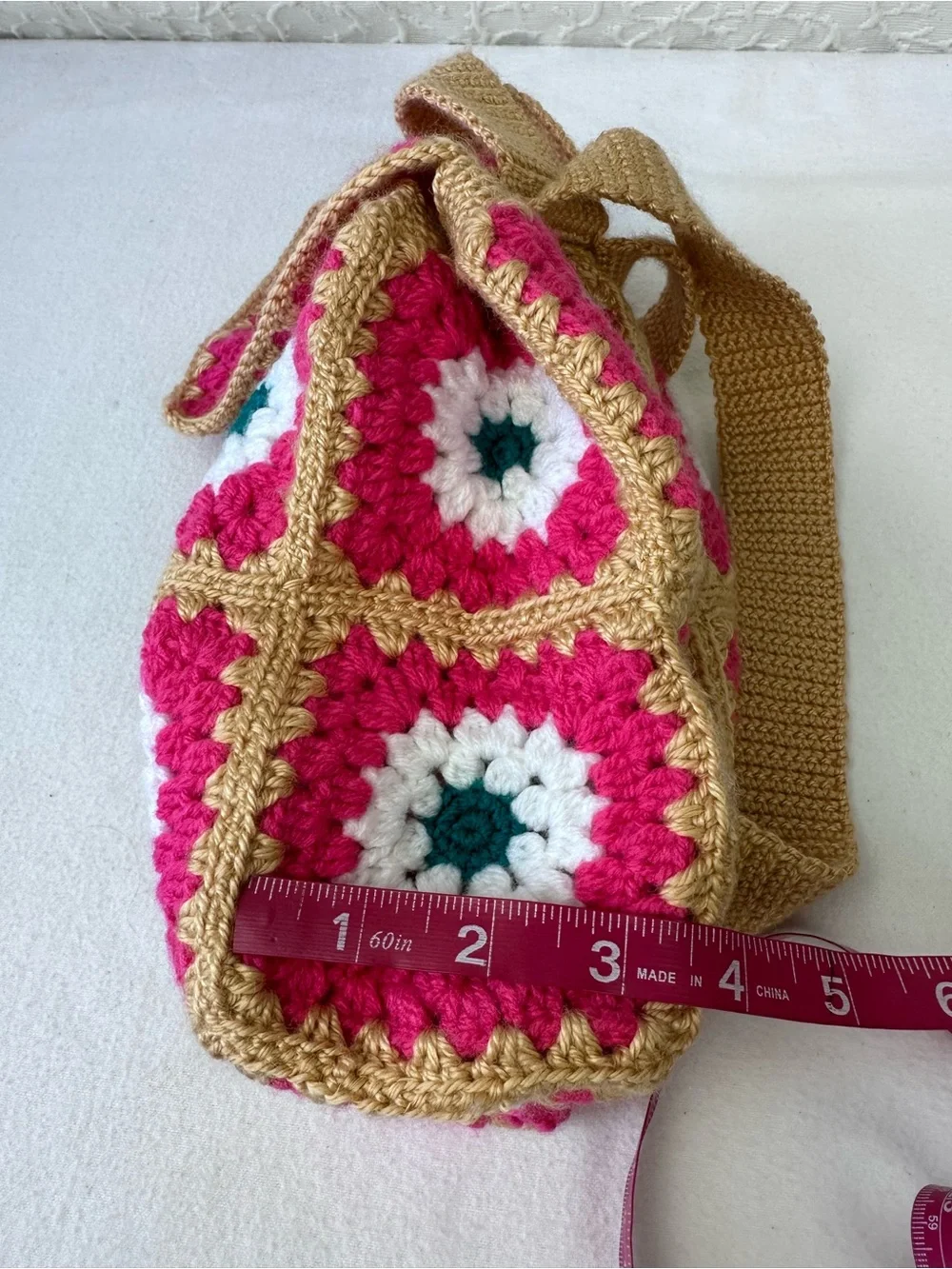 Handmade Pink Crochet Mini Backpack with Gold Trim